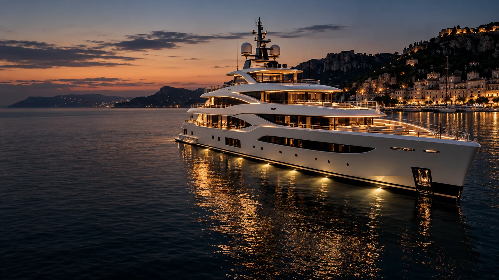Gün batımında marina önünde modern süperyat